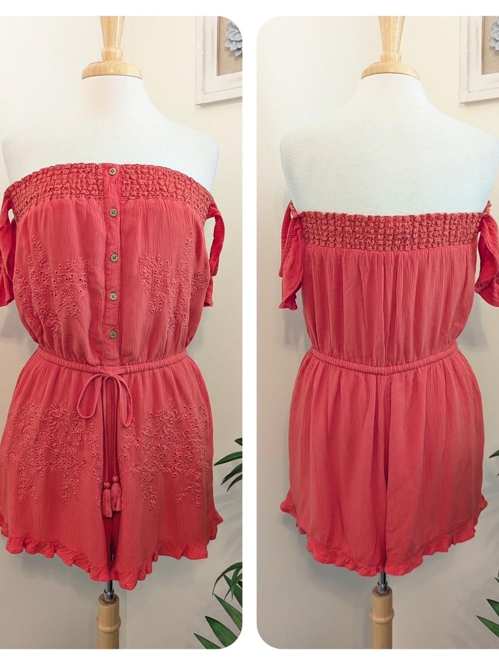 American Eagle Outfitters Coral Floral Embroidered Off Shoulder Romper Large